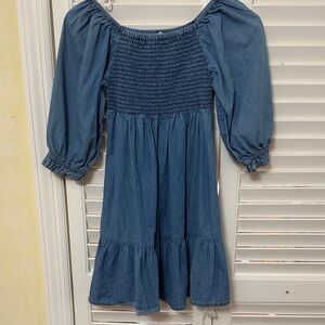 Jessica Simpson Blue Smocked Denim Midi Dress with Puff Sleeves